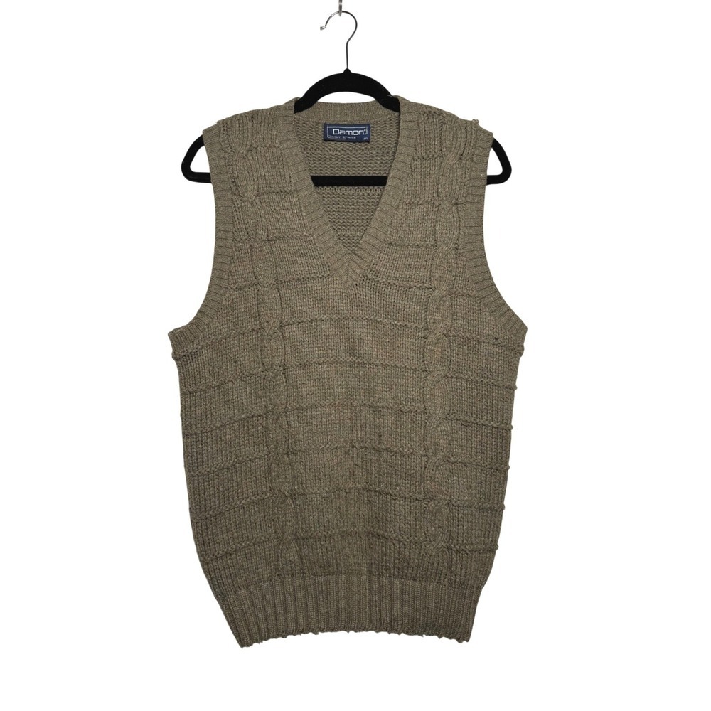 Vintage‎ Men's V Neck Cable Knit Sweater Vest Size M Green Acrylic